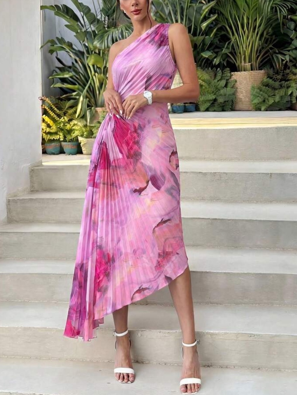 Asymmetric One-Shoulder Pleated Floral Dress - Pink